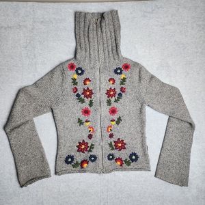Abercrombie And Fitch Cardigan Sweater Med Gray Knit Embroidery Zip Front Floral